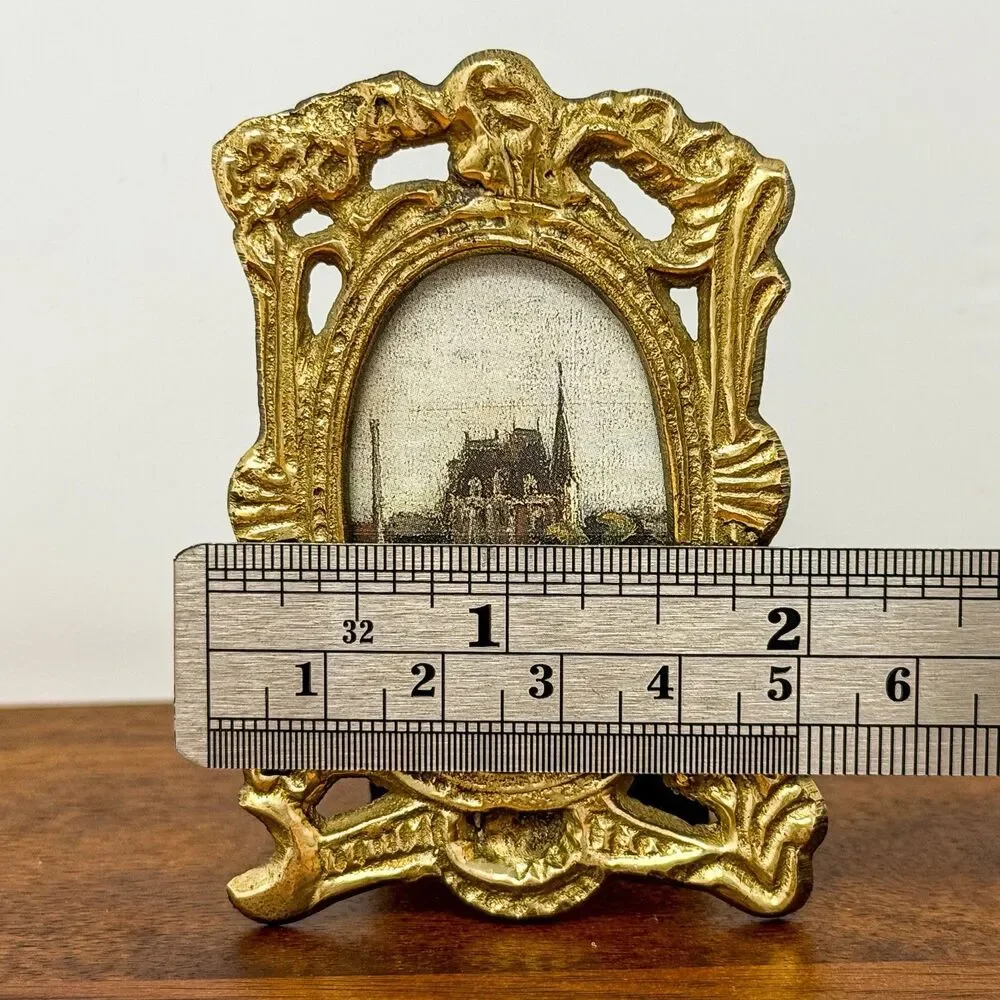 Antique Art Nouveau Solid Brass Miniature Oval Picture Frame c.1895-1915